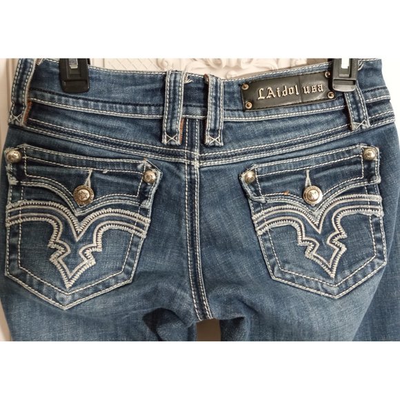 LA Idol Blue Jeans White Stich Whiskers Med Wash Bootcut Flap Pockets Sz 5 - Picture 5 of 8